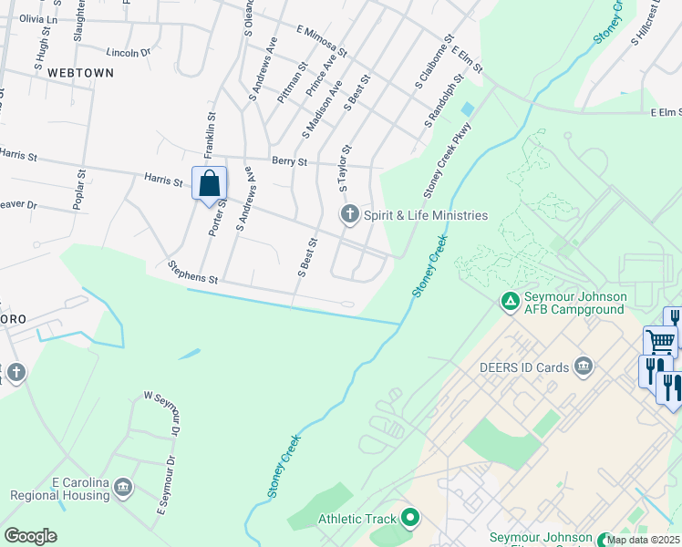 map of restaurants, bars, coffee shops, grocery stores, and more near 1405 South Taylor Street in Goldsboro