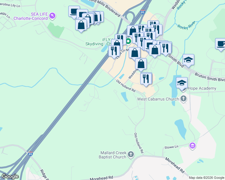 map of restaurants, bars, coffee shops, grocery stores, and more near 8595 Amethyst Lane Northwest in Charlotte