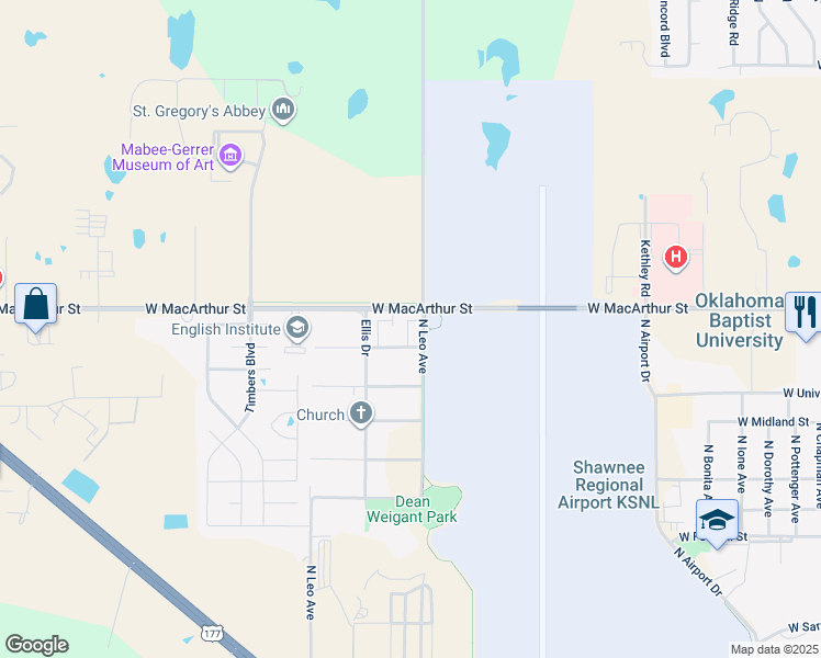 map of restaurants, bars, coffee shops, grocery stores, and more near 1701 West Macarthur Street in Shawnee