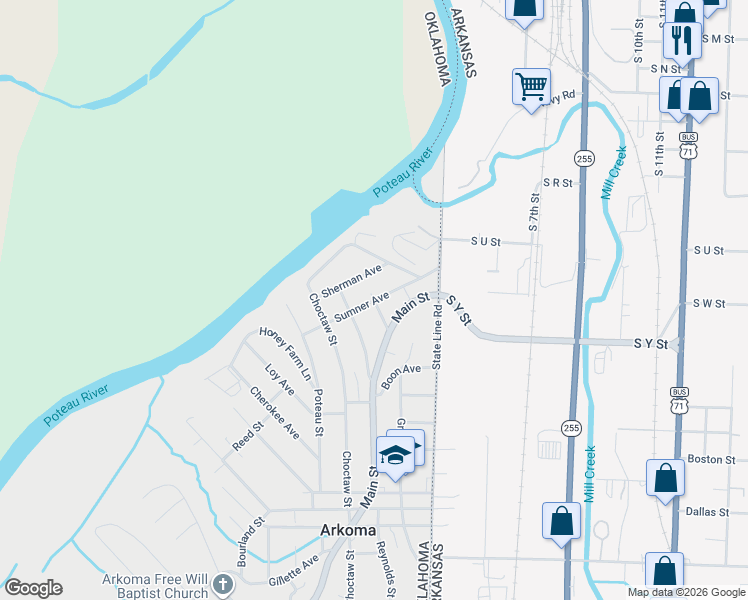 map of restaurants, bars, coffee shops, grocery stores, and more near Celia Drive in Arkoma