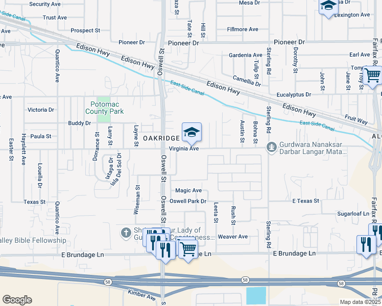 map of restaurants, bars, coffee shops, grocery stores, and more near 3301 Virginia Avenue in Bakersfield