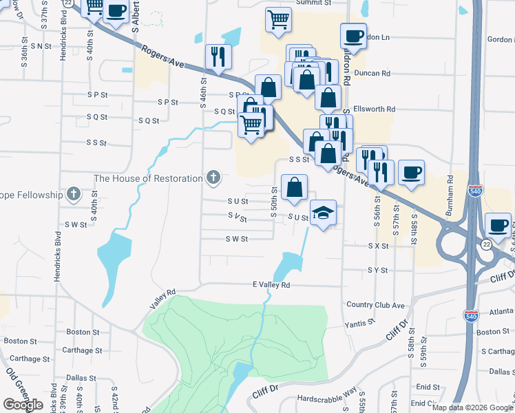 map of restaurants, bars, coffee shops, grocery stores, and more near 4810 South U Street in Fort Smith