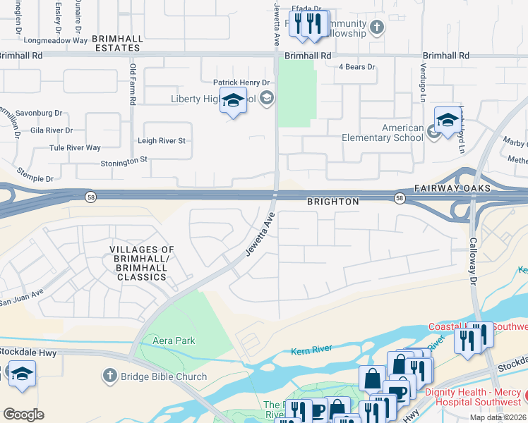 map of restaurants, bars, coffee shops, grocery stores, and more near 420 Hollyhill Drive in Bakersfield