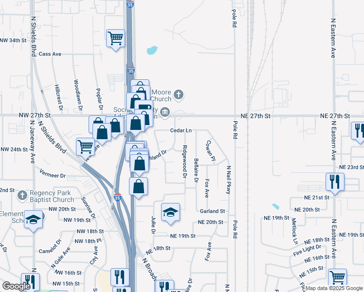 map of restaurants, bars, coffee shops, grocery stores, and more near 2500A Highland Drive in Moore