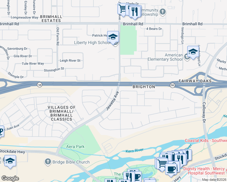 map of restaurants, bars, coffee shops, grocery stores, and more near 420 Hollyhill Drive in Bakersfield