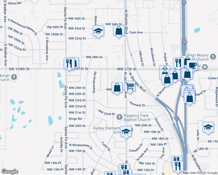 map of restaurants, bars, coffee shops, grocery stores, and more near 2500 N Nottingham Way in Moore