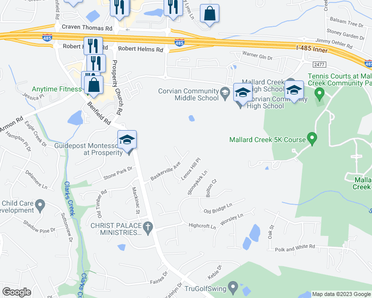 map of restaurants, bars, coffee shops, grocery stores, and more near 10437 Baskerville Avenue in Charlotte