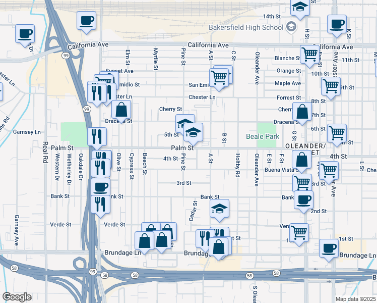 map of restaurants, bars, coffee shops, grocery stores, and more near 2511 Palm Street in Bakersfield