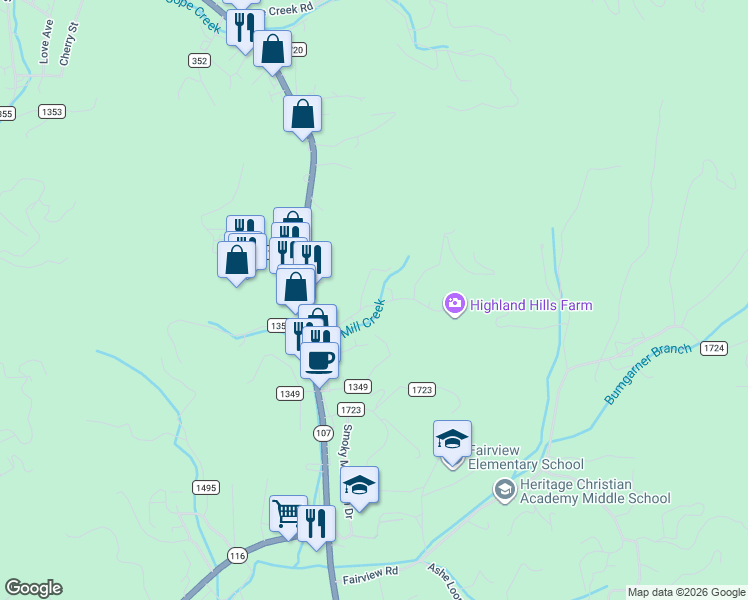 map of restaurants, bars, coffee shops, grocery stores, and more near 21 Browning Road in Sylva