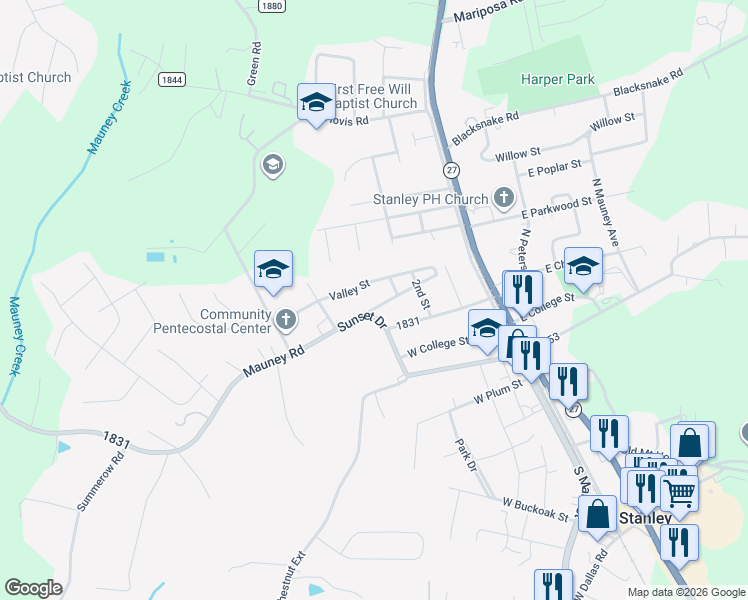 map of restaurants, bars, coffee shops, grocery stores, and more near 412 Ridge Street in Stanley