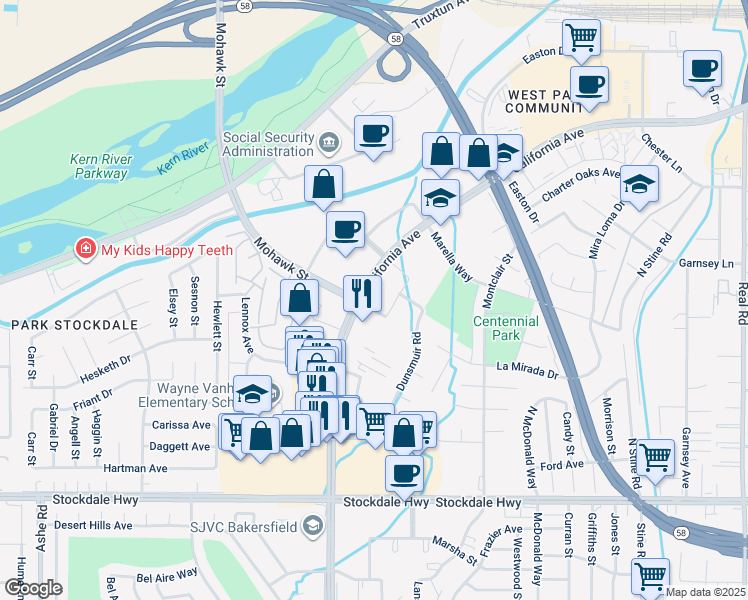 map of restaurants, bars, coffee shops, grocery stores, and more near in Bakersfield