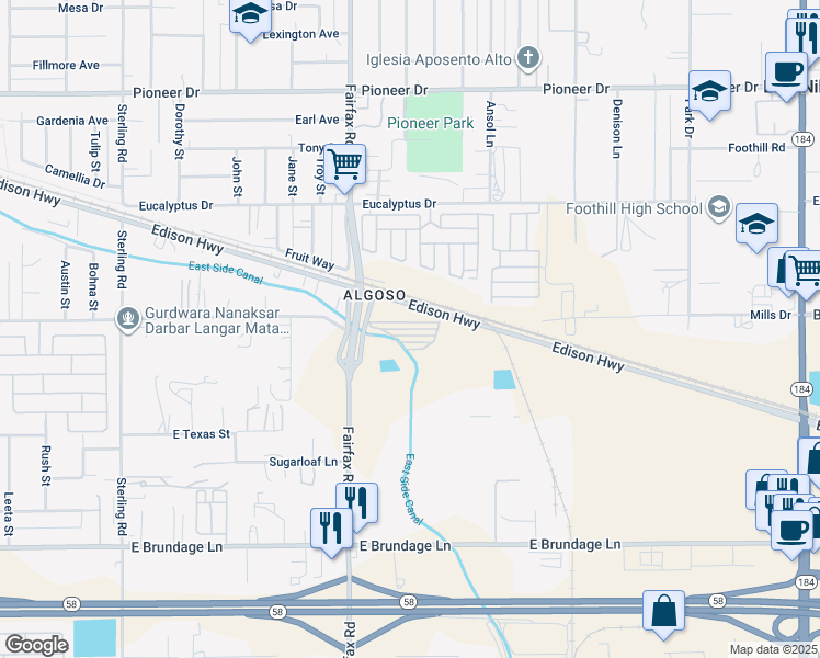 map of restaurants, bars, coffee shops, grocery stores, and more near 5637 South Edison Road in Bakersfield