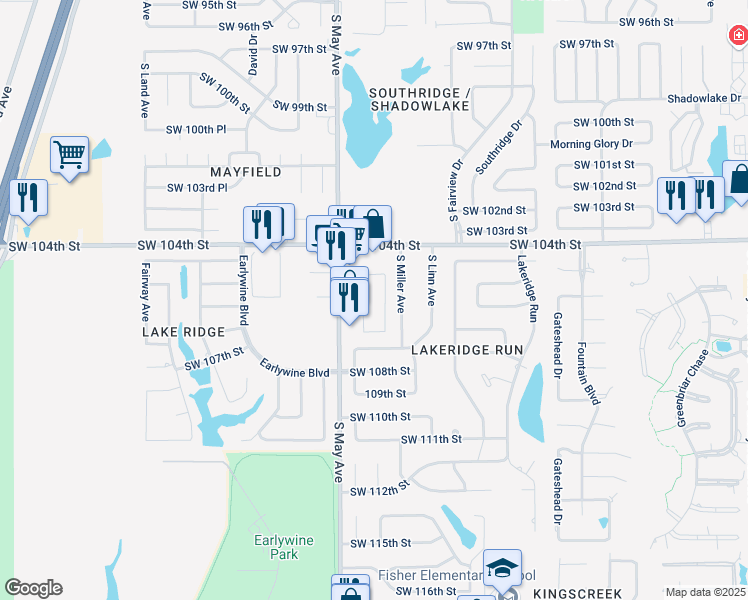 map of restaurants, bars, coffee shops, grocery stores, and more near 10700 South May Avenue in Oklahoma City