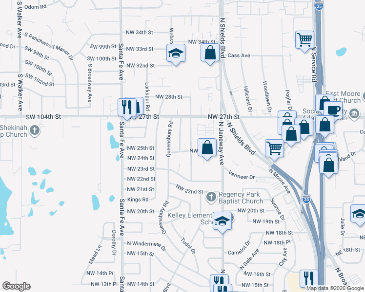 map of restaurants, bars, coffee shops, grocery stores, and more near 919 Northwest 24th Street in Moore