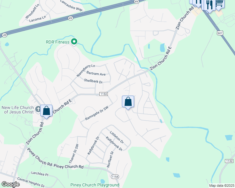 map of restaurants, bars, coffee shops, grocery stores, and more near 907 Ramsgate Drive Southwest in Concord