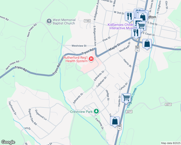 map of restaurants, bars, coffee shops, grocery stores, and more near 119 Twitty Ford Street in Rutherfordton