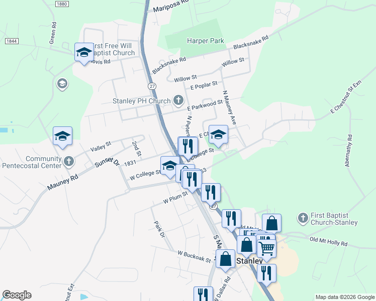 map of restaurants, bars, coffee shops, grocery stores, and more near 214 North Main Street in Stanley