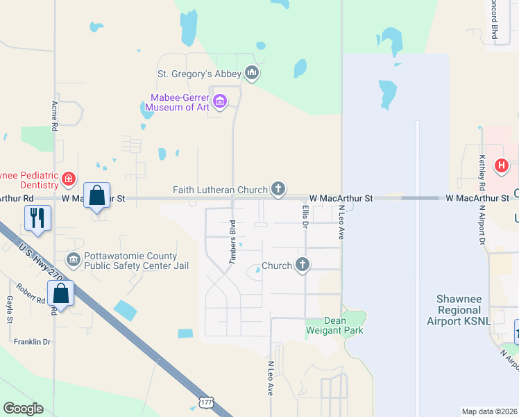 map of restaurants, bars, coffee shops, grocery stores, and more near 1901 West Macarthur Street in Shawnee