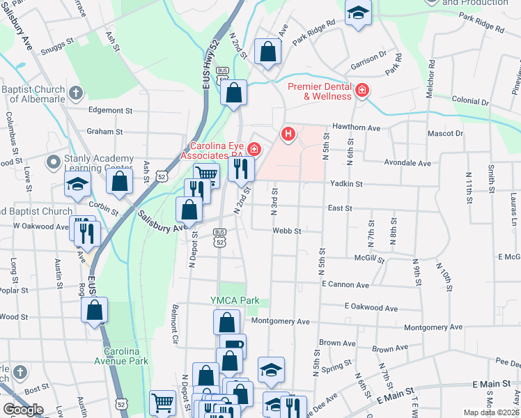 map of restaurants, bars, coffee shops, grocery stores, and more near 725 North 3rd Street in Albemarle