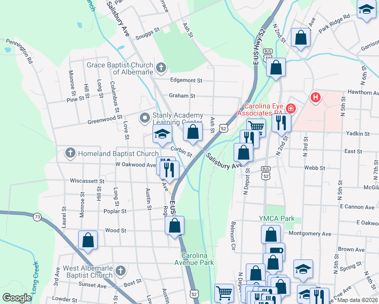 map of restaurants, bars, coffee shops, grocery stores, and more near 751-763 U.S. 52 in Albemarle