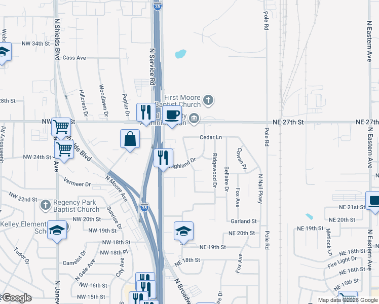 map of restaurants, bars, coffee shops, grocery stores, and more near 2509 Edgewood Drive in Moore