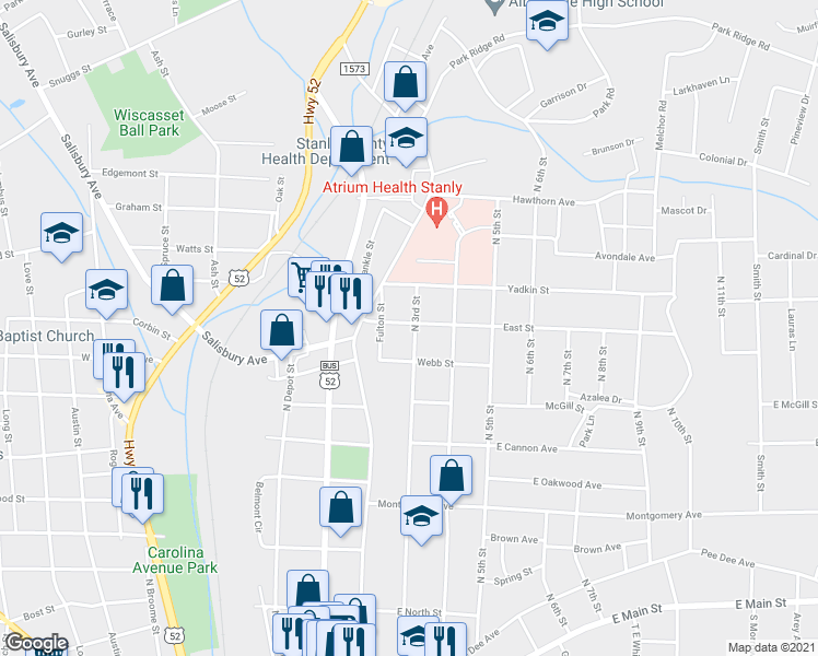 map of restaurants, bars, coffee shops, grocery stores, and more near 737 North 3rd Street in Albemarle