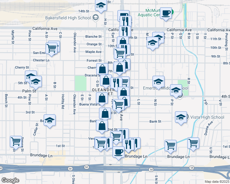map of restaurants, bars, coffee shops, grocery stores, and more near 418 Eye Street in Bakersfield