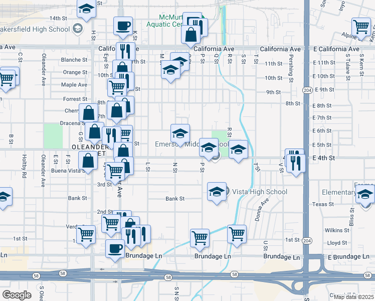 map of restaurants, bars, coffee shops, grocery stores, and more near 1000 4th Street in Bakersfield