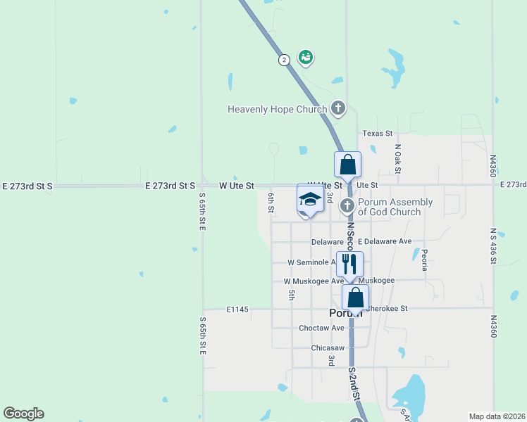 map of restaurants, bars, coffee shops, grocery stores, and more near 406 6th Street in Porum