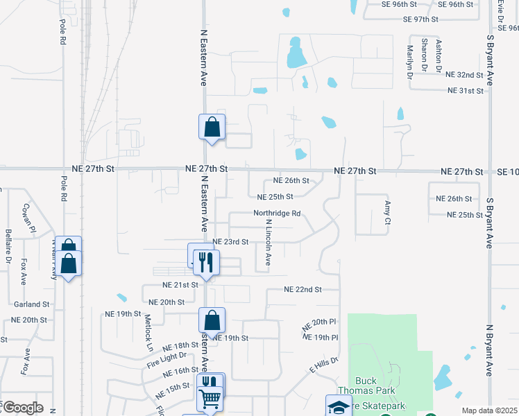 map of restaurants, bars, coffee shops, grocery stores, and more near 1105 Northridge Road in Moore