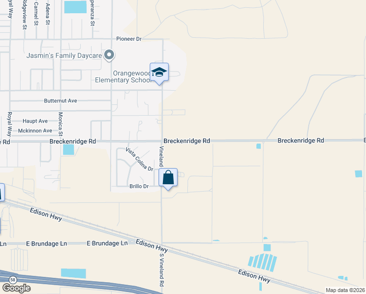 map of restaurants, bars, coffee shops, grocery stores, and more near 653 Vineland Road in Bakersfield