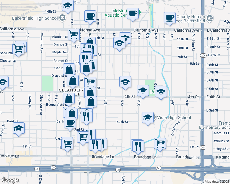 map of restaurants, bars, coffee shops, grocery stores, and more near 1104 4th Street in Bakersfield