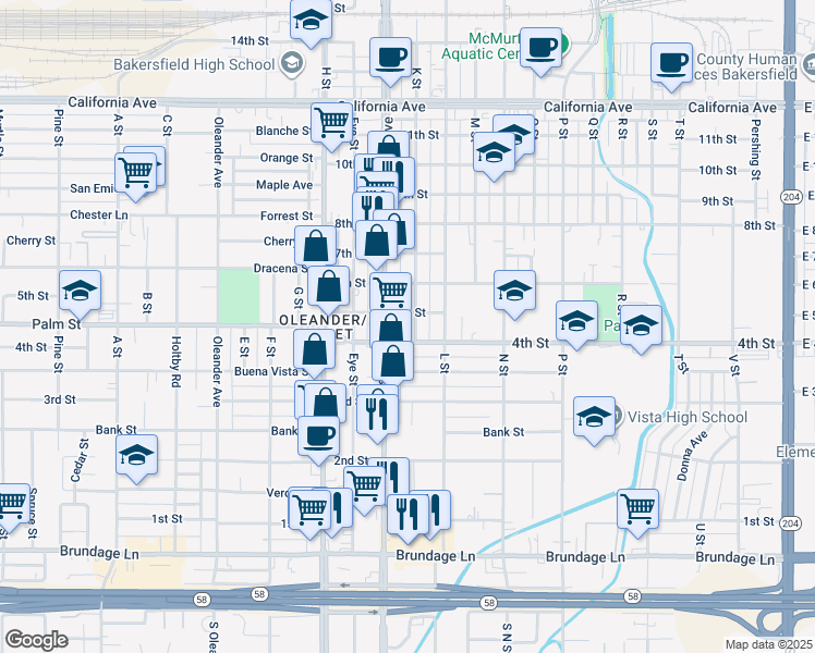 map of restaurants, bars, coffee shops, grocery stores, and more near 400 K Street in Bakersfield