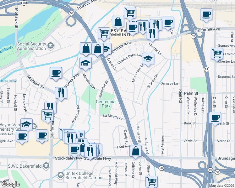 map of restaurants, bars, coffee shops, grocery stores, and more near 4405 Marella Way in Bakersfield