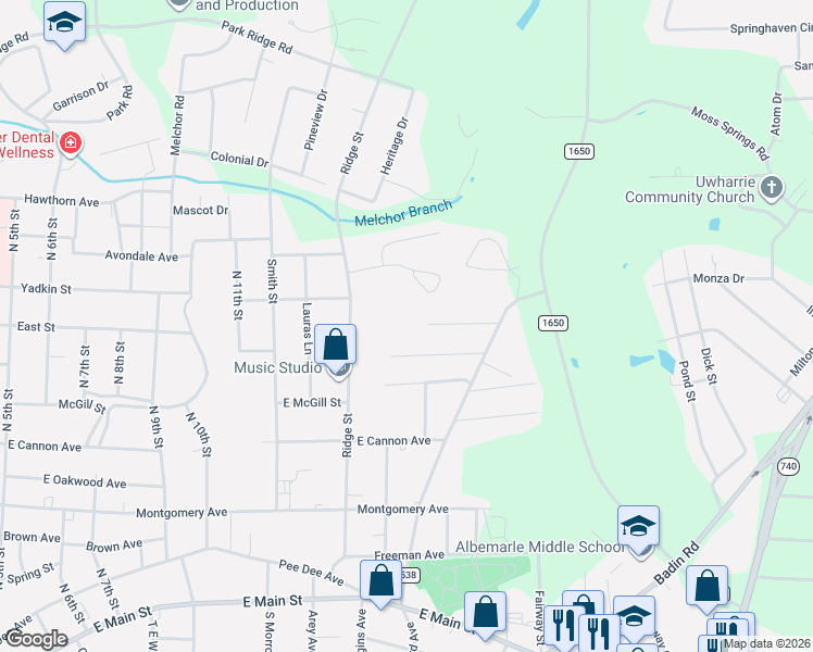map of restaurants, bars, coffee shops, grocery stores, and more near 1238 Magnolia Street in Albemarle