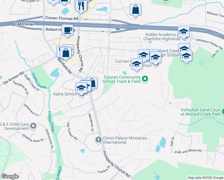 map of restaurants, bars, coffee shops, grocery stores, and more near 4721 Buckminster Court in Charlotte