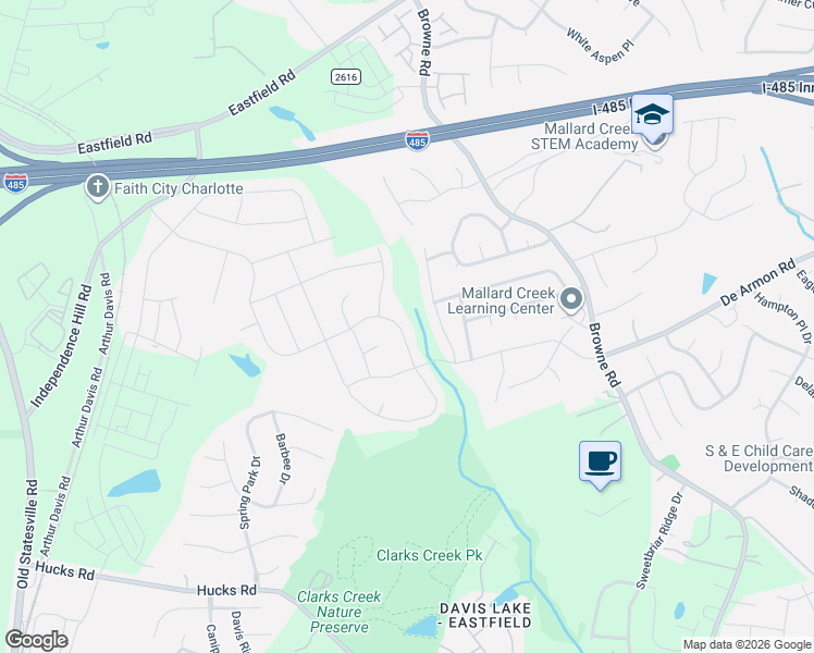 map of restaurants, bars, coffee shops, grocery stores, and more near 7326 Meridale Forest Drive in Charlotte