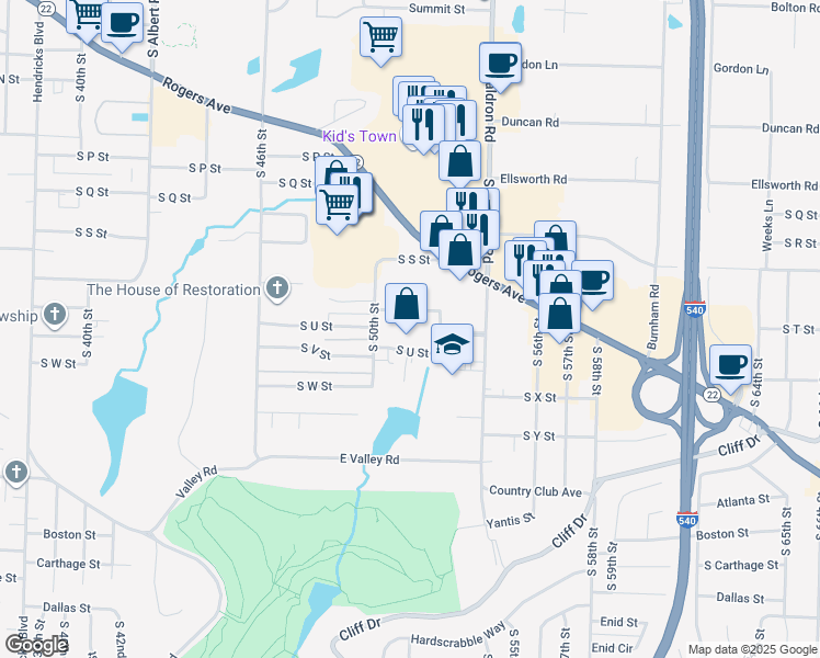 map of restaurants, bars, coffee shops, grocery stores, and more near 5200 South U Street in Fort Smith