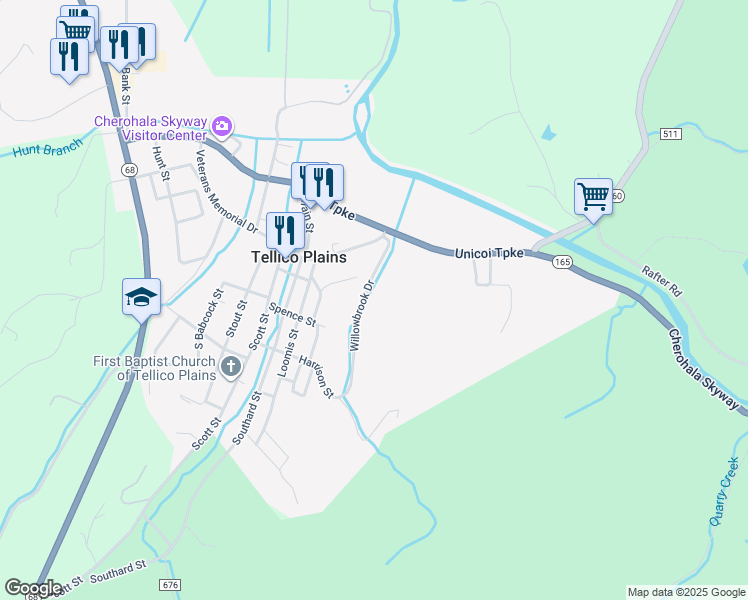 map of restaurants, bars, coffee shops, grocery stores, and more near 137 Willowbrook Drive in Tellico Plains