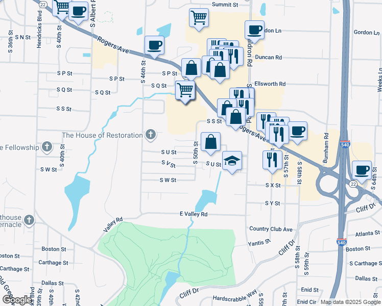 map of restaurants, bars, coffee shops, grocery stores, and more near 4908 South U Street in Fort Smith