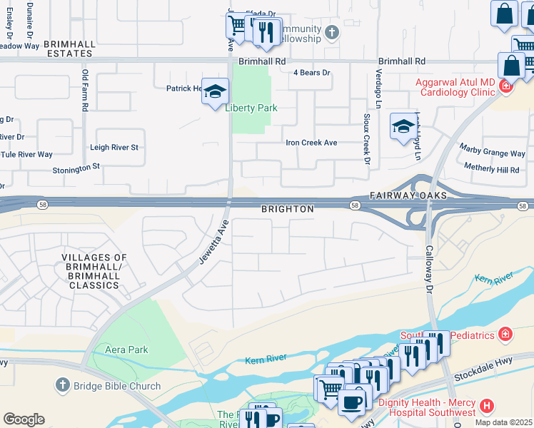 map of restaurants, bars, coffee shops, grocery stores, and more near 11001 Strathaven Street in Bakersfield