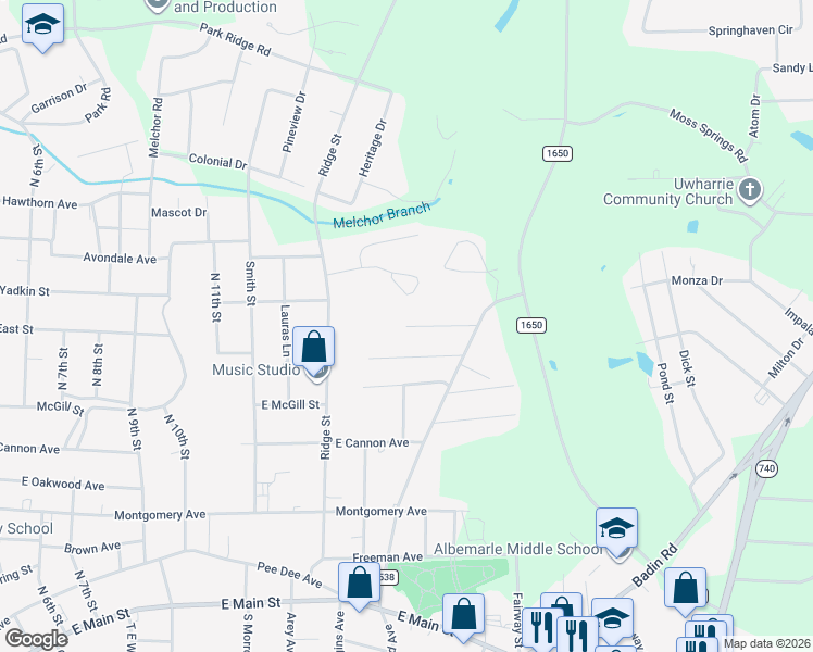map of restaurants, bars, coffee shops, grocery stores, and more near 1238 Magnolia Street in Albemarle
