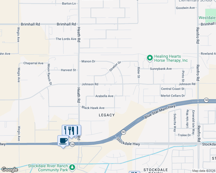 map of restaurants, bars, coffee shops, grocery stores, and more near 15701 Johnson Road in Bakersfield