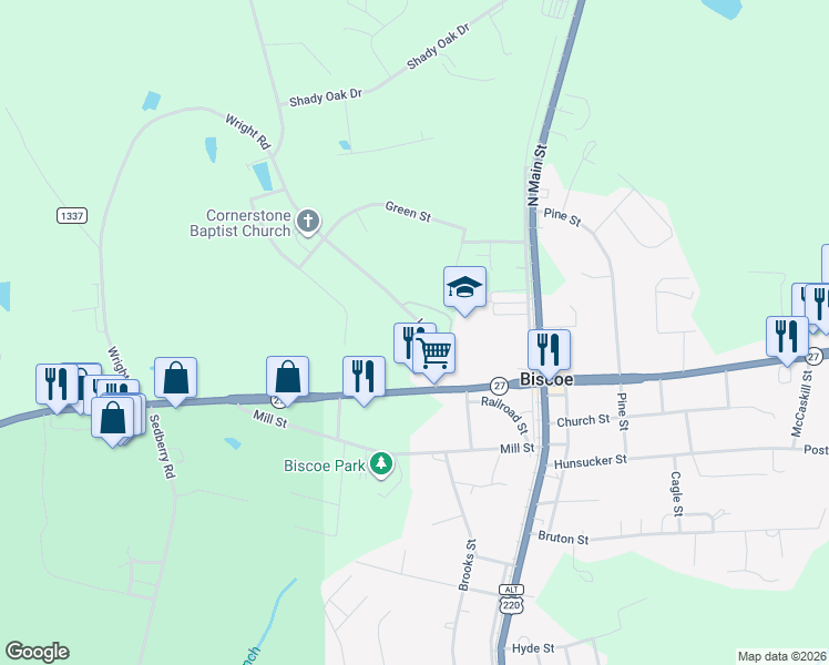 map of restaurants, bars, coffee shops, grocery stores, and more near 209 Lambert Road in Biscoe