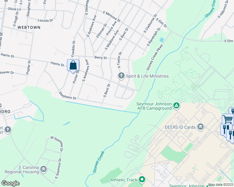 map of restaurants, bars, coffee shops, grocery stores, and more near 1307 South Taylor Street in Goldsboro