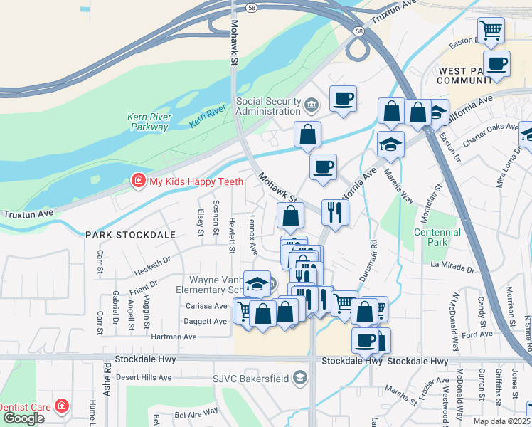 map of restaurants, bars, coffee shops, grocery stores, and more near 5500 Lennox Avenue in Bakersfield