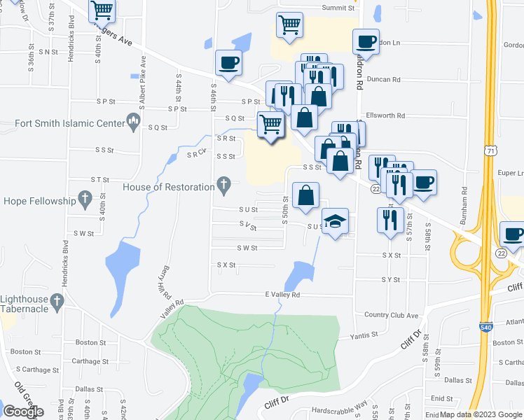 map of restaurants, bars, coffee shops, grocery stores, and more near 4802 South U Street in Fort Smith