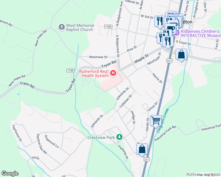 map of restaurants, bars, coffee shops, grocery stores, and more near Twitty Ford Street in Rutherfordton