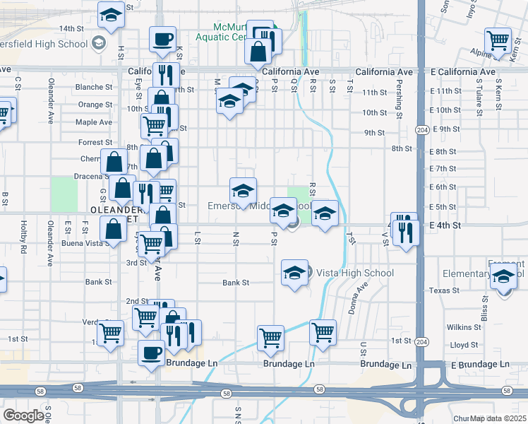 map of restaurants, bars, coffee shops, grocery stores, and more near 1000 4th Street in Bakersfield