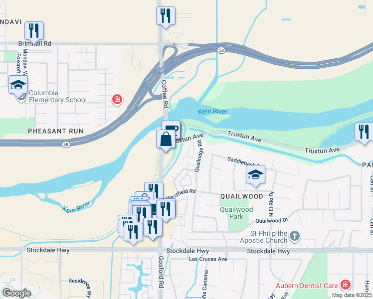 map of restaurants, bars, coffee shops, grocery stores, and more near 81736 Quail Lane in Bakersfield